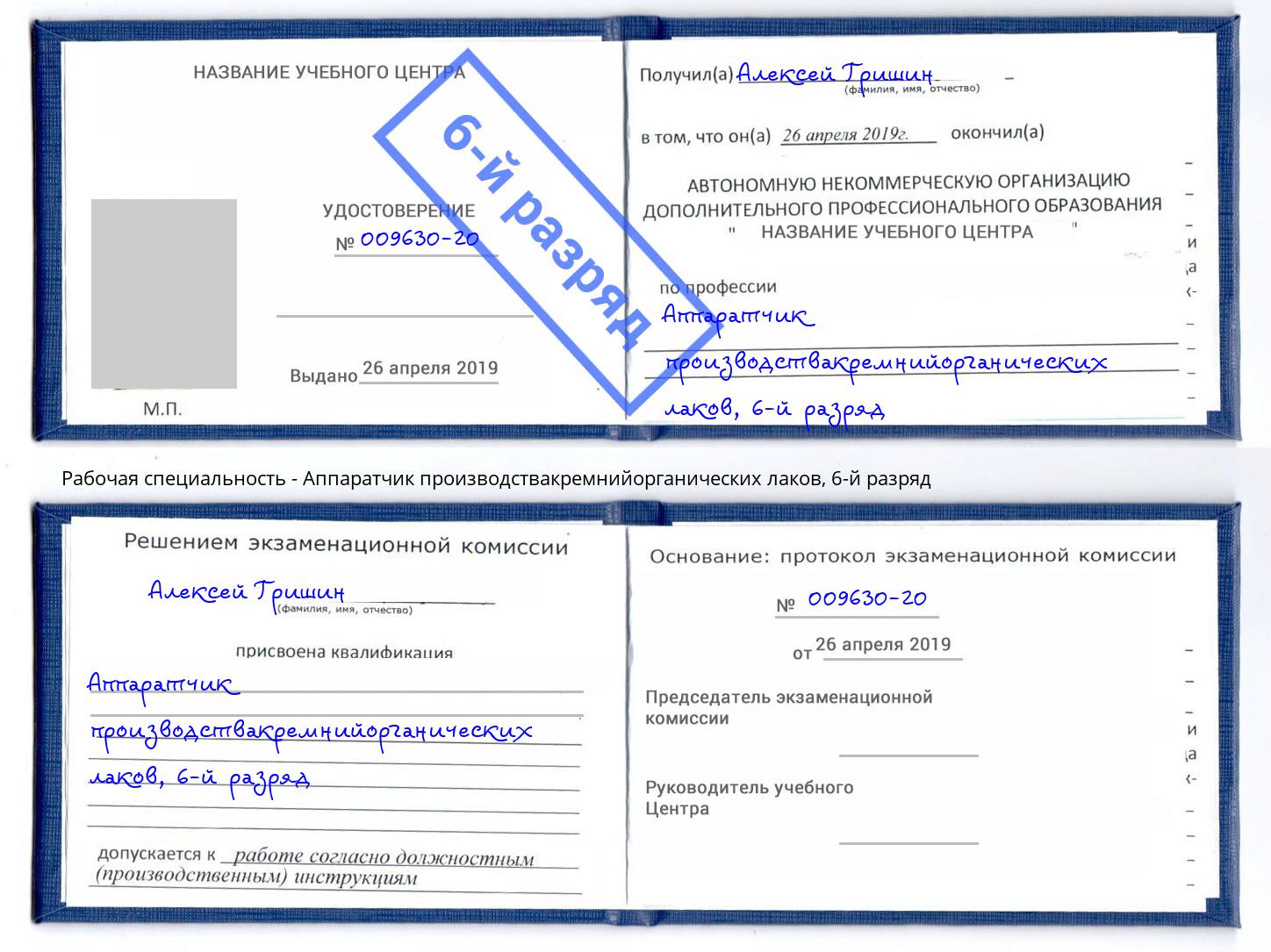 корочка 6-й разряд Аппаратчик производствакремнийорганических лаков Бугульма