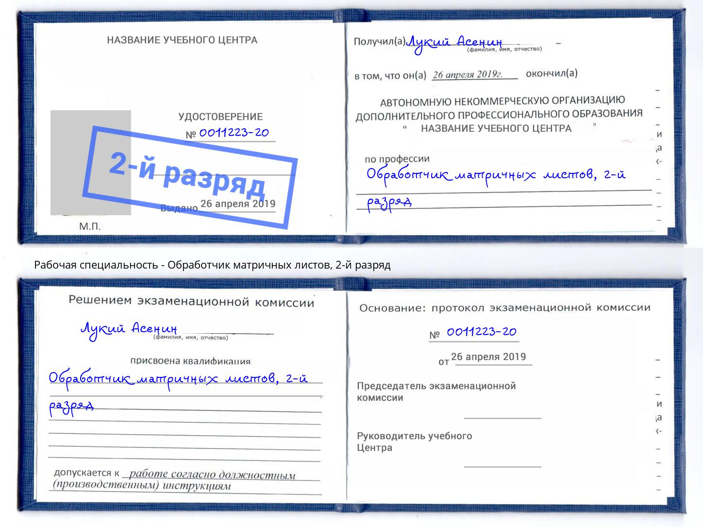 корочка 2-й разряд Обработчик матричных листов Бугульма